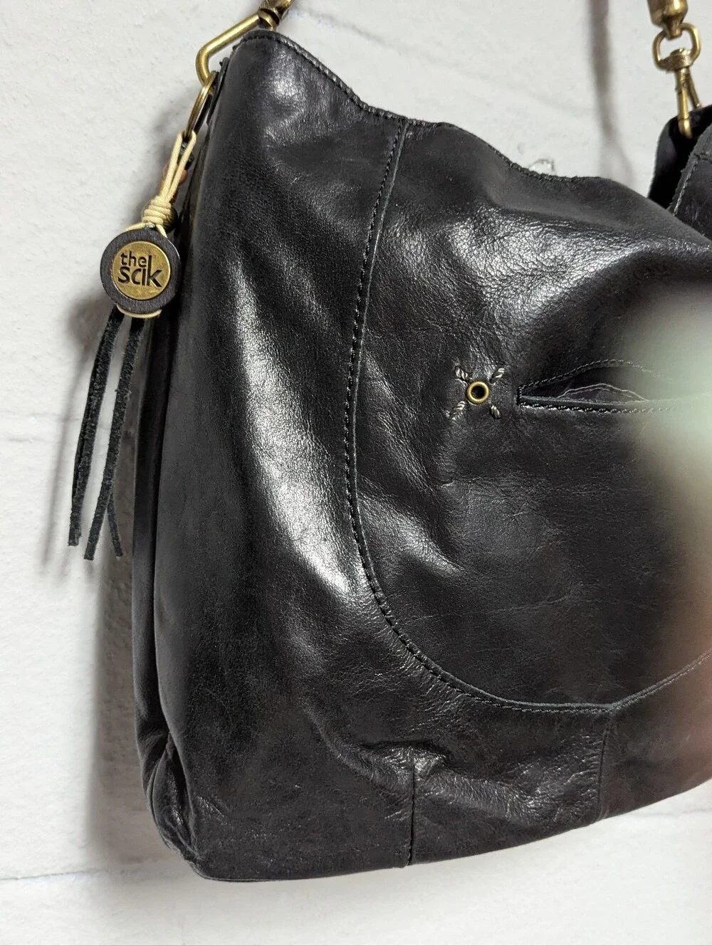 The Sak Black Shiny Leather Hobo Bag Braided Shoulder Strap